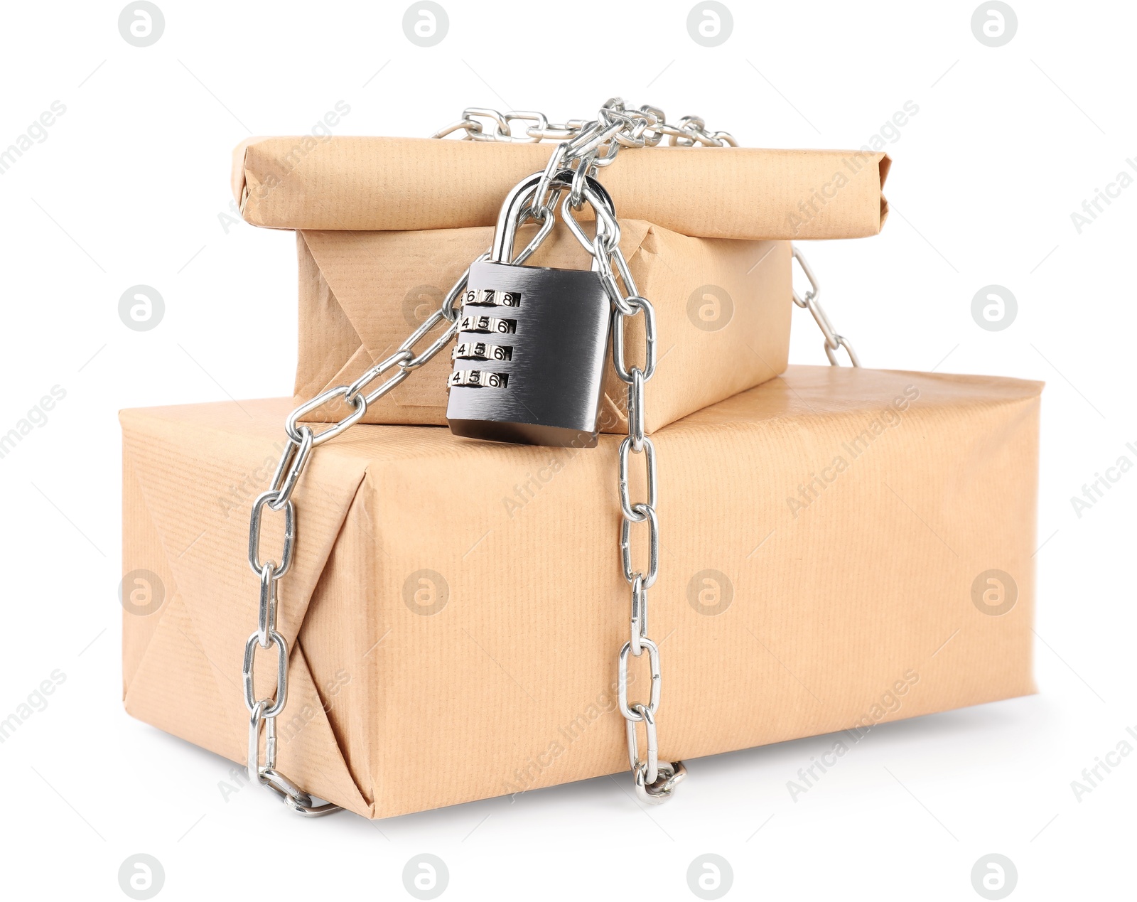 Photo of Parcels with chain and padlock isolated on white