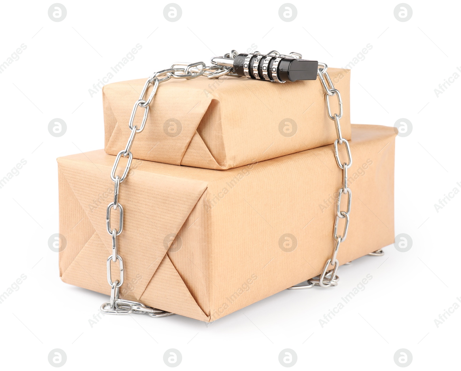 Photo of Parcels with chain and padlock isolated on white