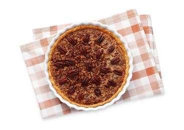 Photo of Delicious pecan pie in baking dish isolated on white, top view