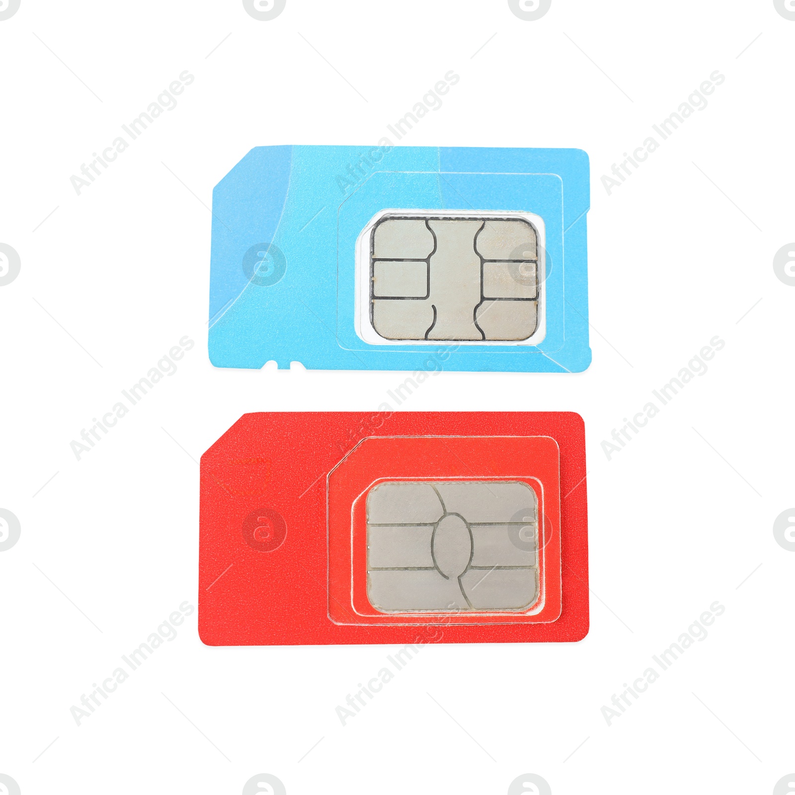 Photo of Two SIM cards isolated on white, top view