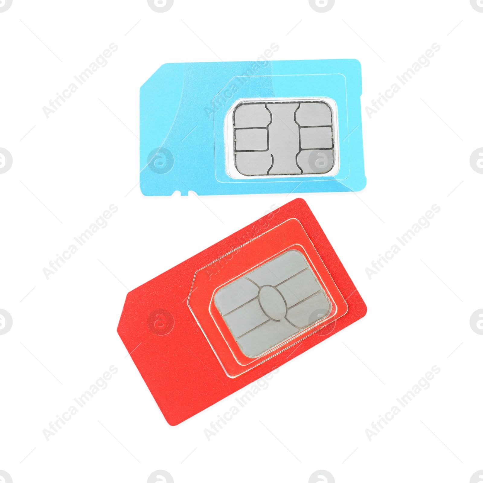 Photo of Two SIM cards isolated on white, top view