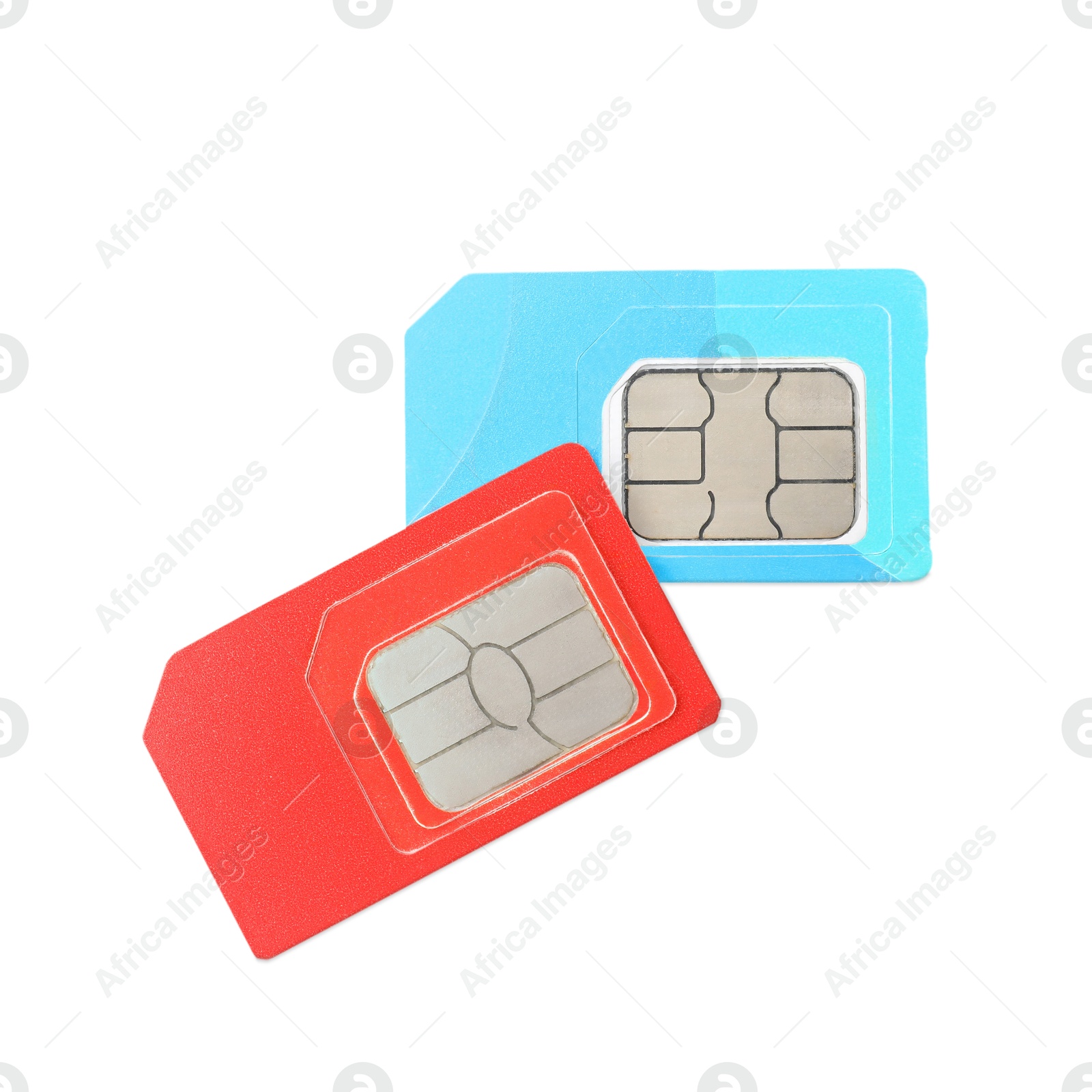 Photo of Two SIM cards isolated on white, top view