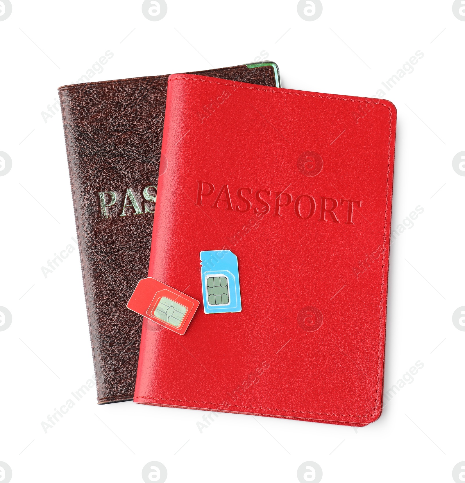 Photo of Passports and SIM cards isolated on white, top view