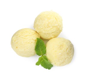 Photo of Scoops of melon sorbet and mint isolated on white, top view