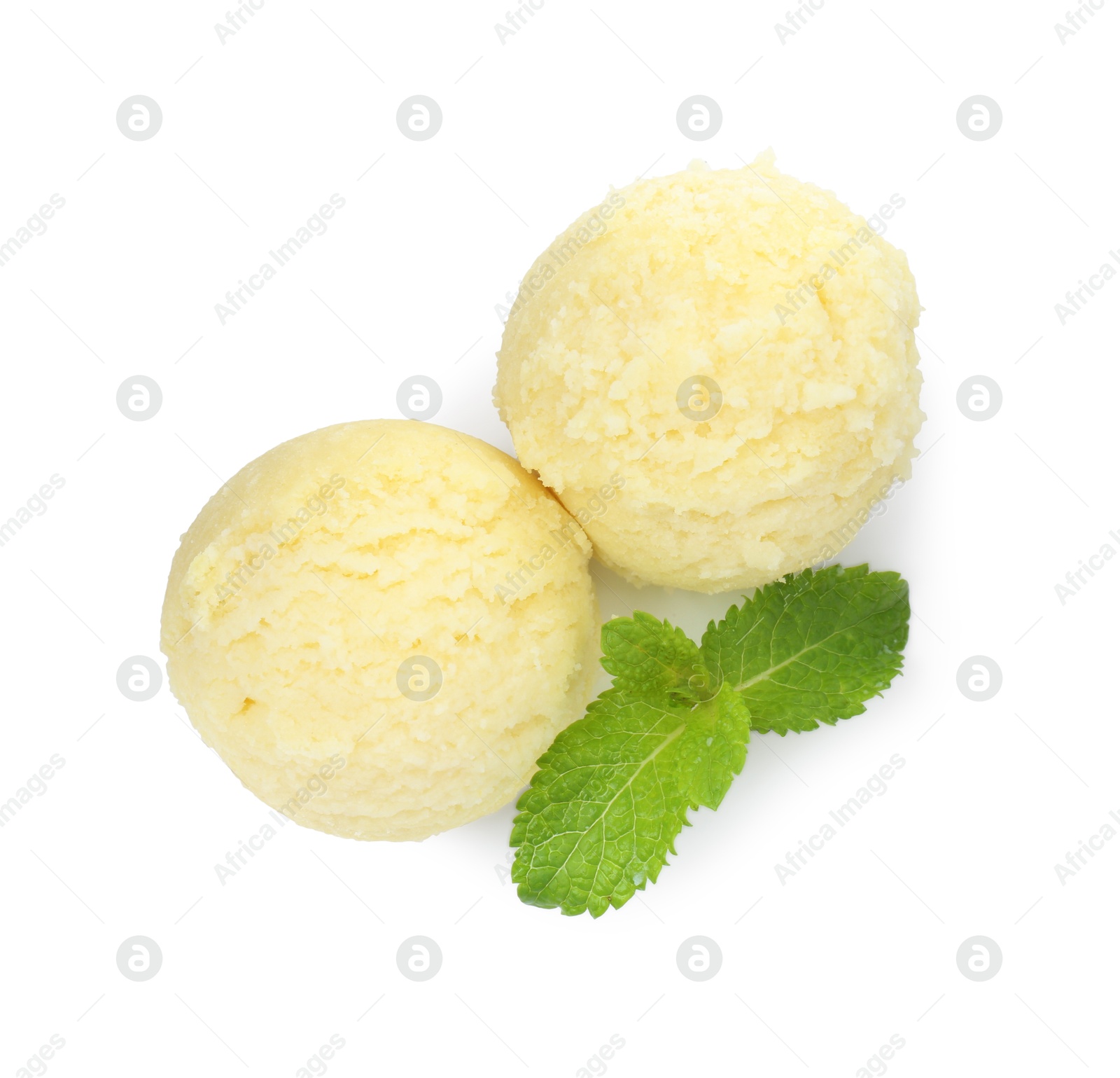 Photo of Scoops of melon sorbet and mint isolated on white, top view