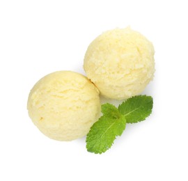 Scoops of melon sorbet and mint isolated on white, top view