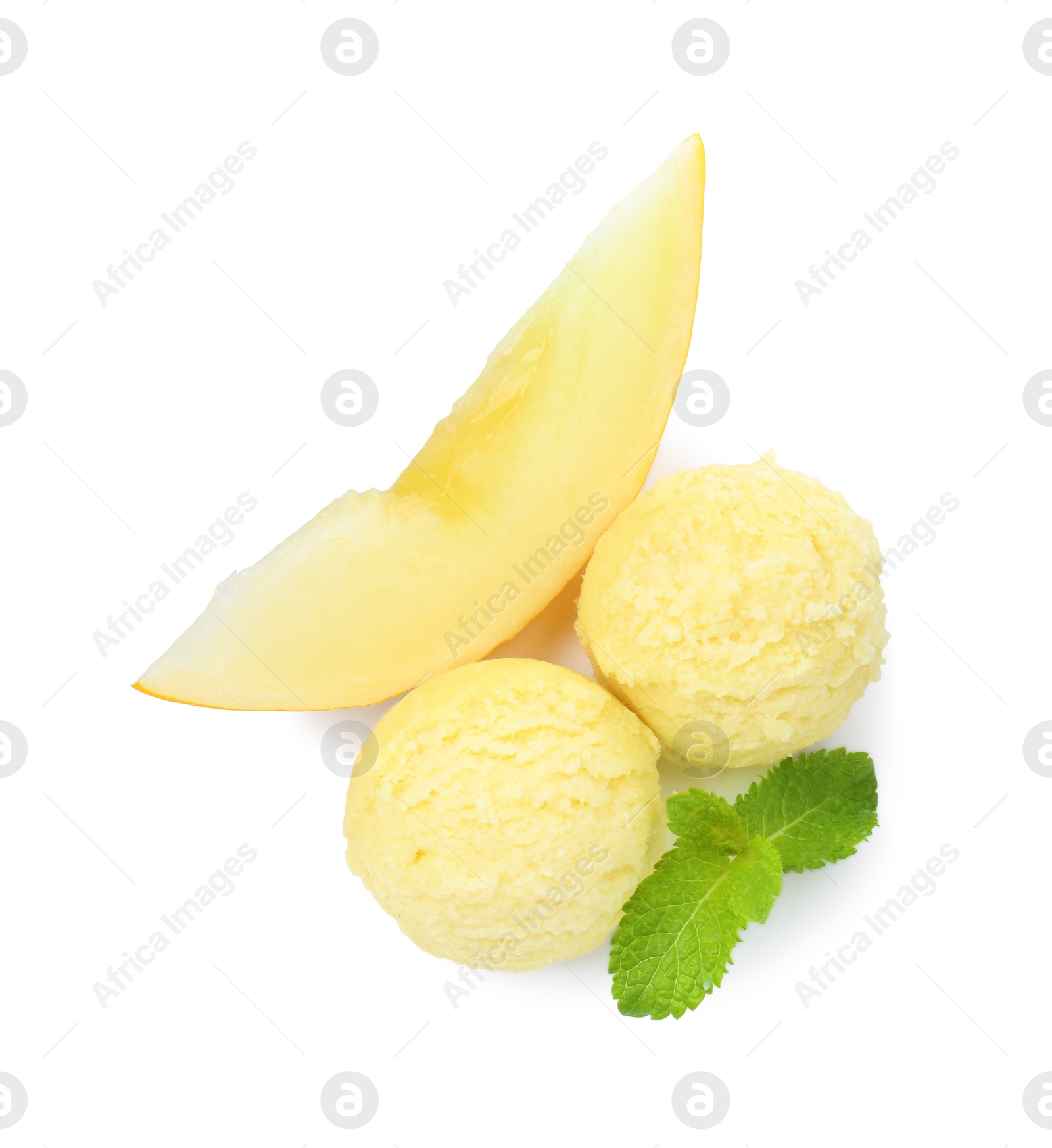 Photo of Tasty melon sorbet, piece of fresh fruit and mint isolated on white, top view