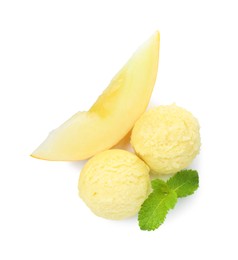 Tasty melon sorbet, piece of fresh fruit and mint isolated on white, top view