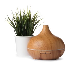 Aroma oil diffuser and plant isolated on white