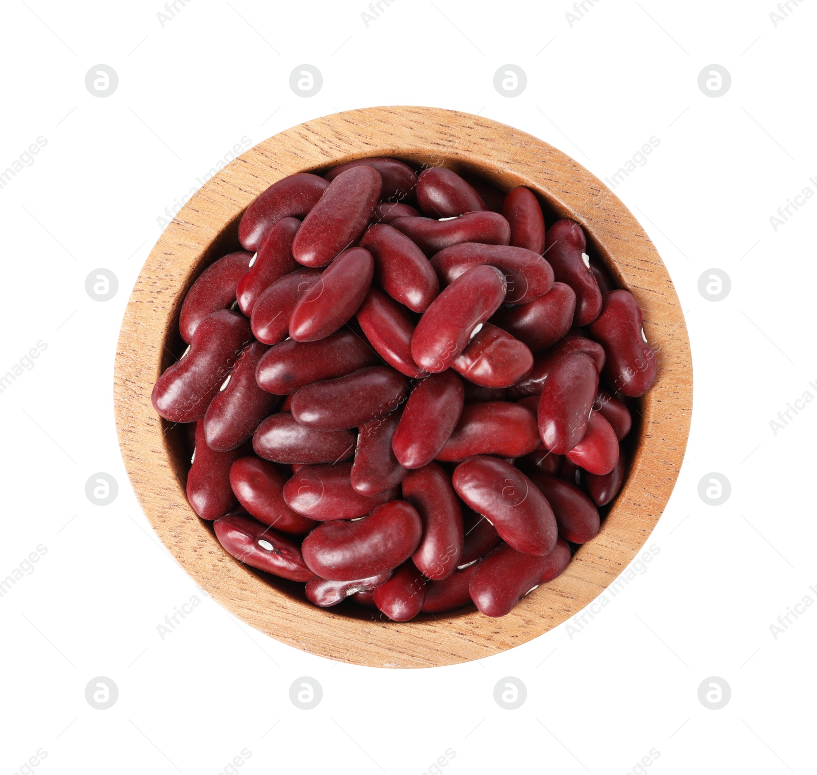 Photo of Dried red beans in bowl isolated on white, top view