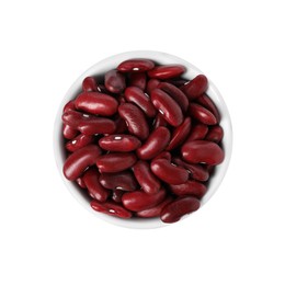 Photo of Dried red beans in bowl isolated on white, top view