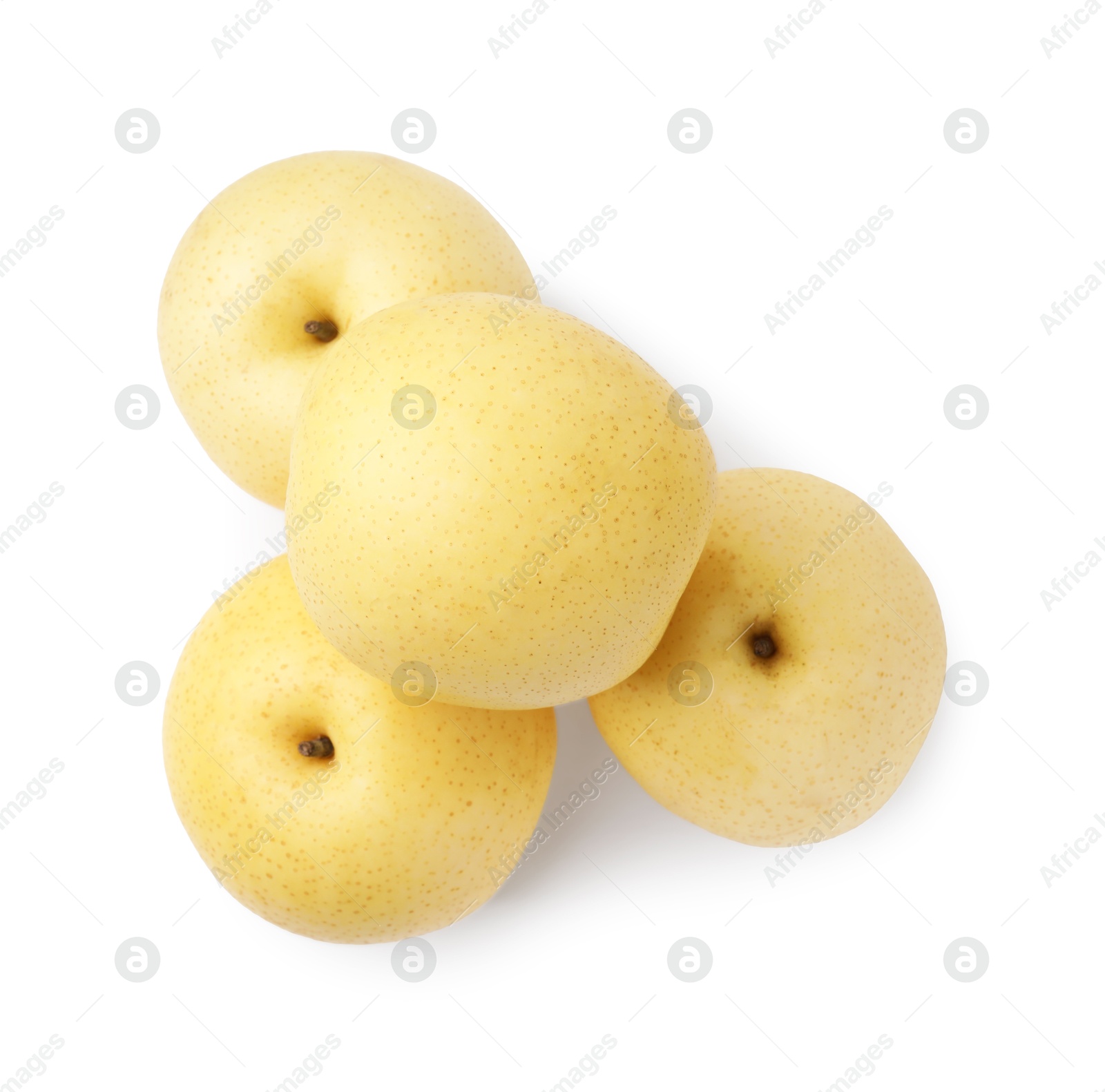 Photo of Delicious fresh apple pears isolated on white, top view