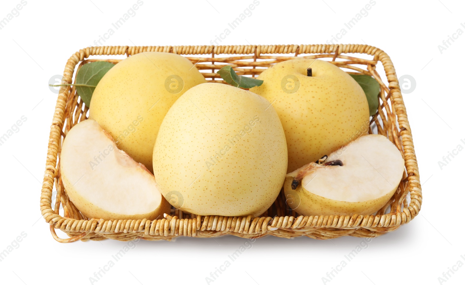 Photo of Delicious fresh apple pears in wicker basket isolated on white