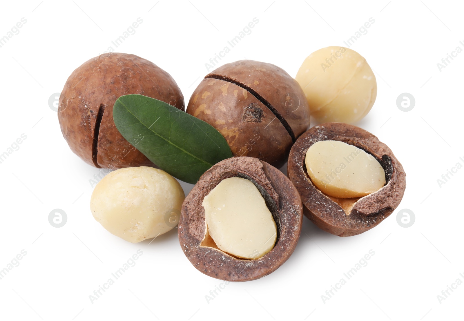 Photo of Macadamia nuts with shells isolated on white