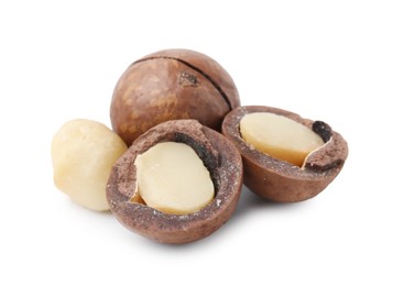 Macadamia nuts with shells isolated on white