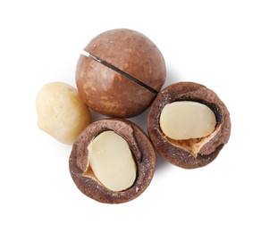 Macadamia nuts with shells isolated on white, top view