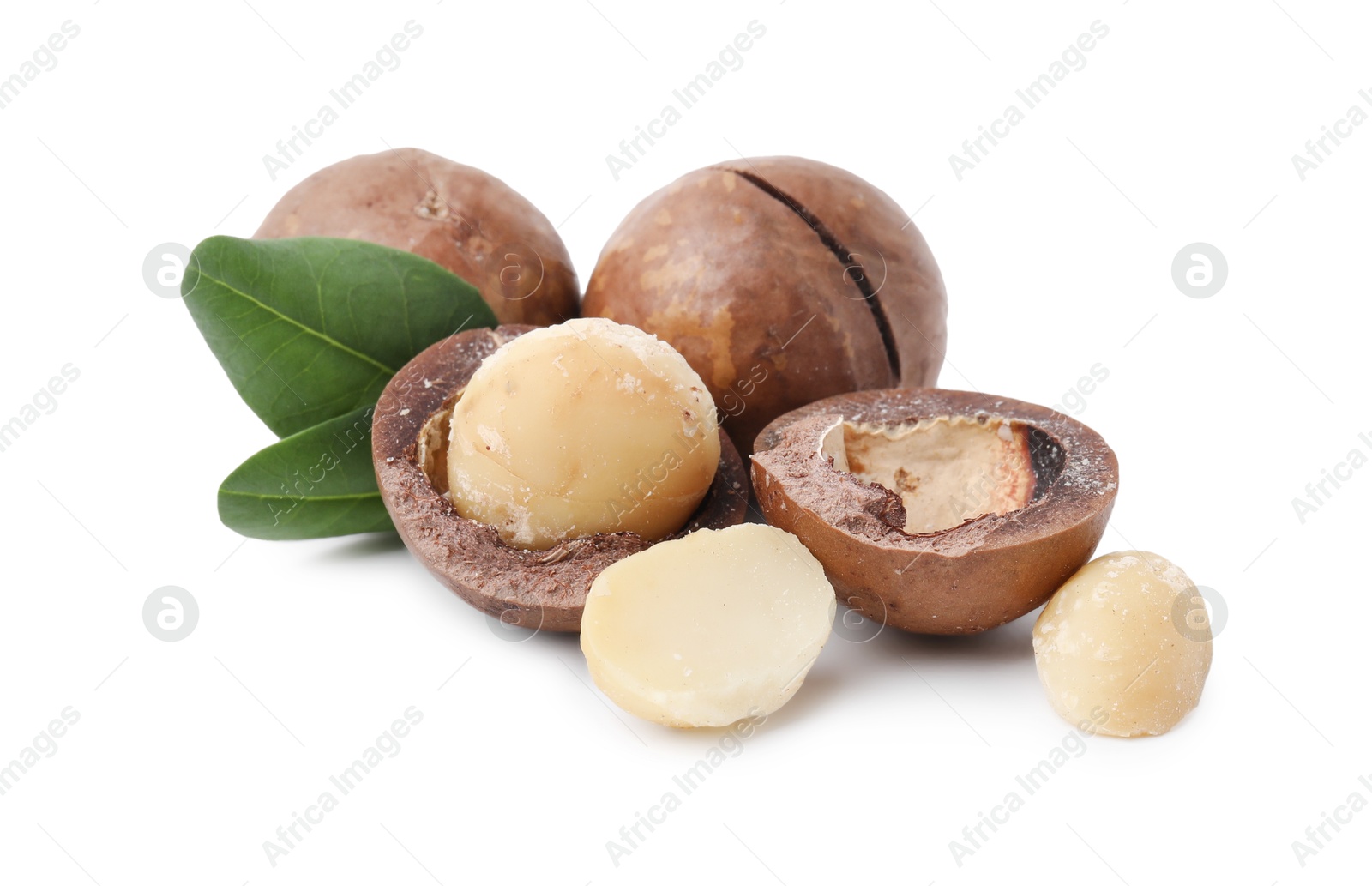 Photo of Macadamia nuts with shells isolated on white