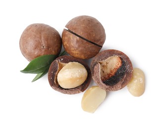 Macadamia nuts with shells isolated on white, top view