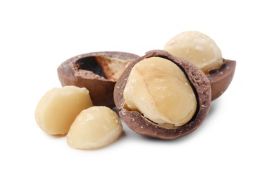 Macadamia nuts with shells isolated on white