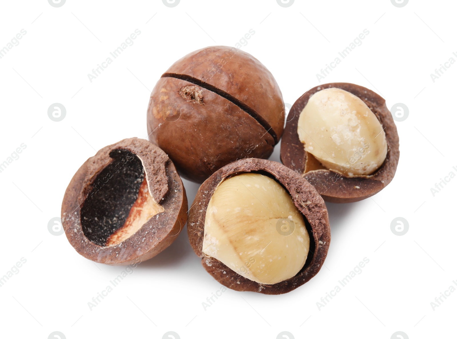 Photo of Macadamia nuts with shells isolated on white