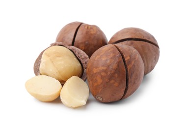 Macadamia nuts with shells isolated on white