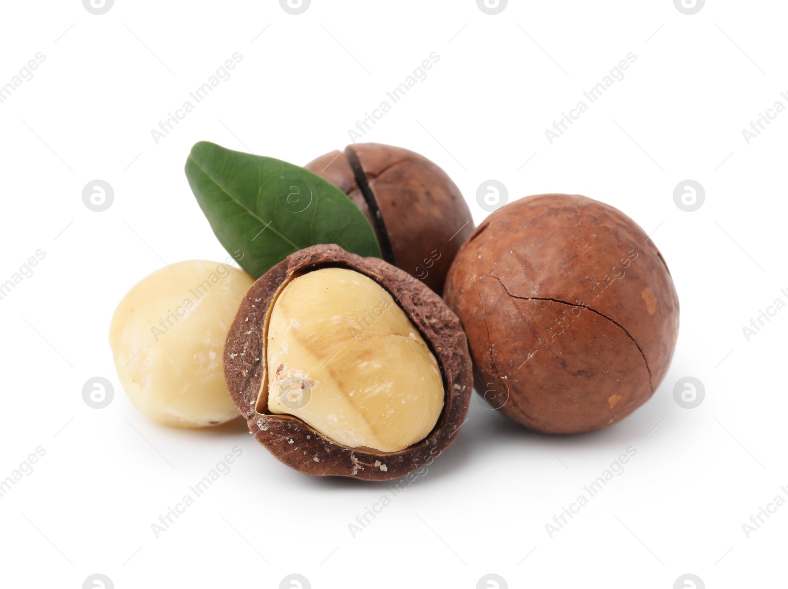 Photo of Macadamia nuts with shells isolated on white