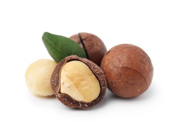 Macadamia nuts with shells isolated on white