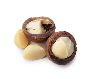 Macadamia nuts with shells isolated on white