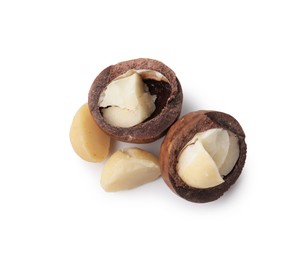 Macadamia nuts with shells isolated on white, top view