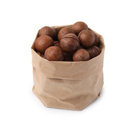 Photo of Macadamia nuts in paper bag isolated on white