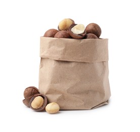 Photo of Macadamia nuts in paper bag isolated on white