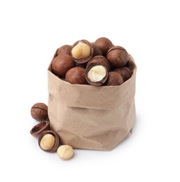 Photo of Macadamia nuts in paper bag isolated on white