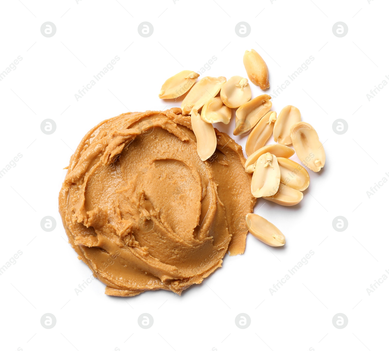 Photo of Tasty peanut butter and groundnuts isolated on white, top view