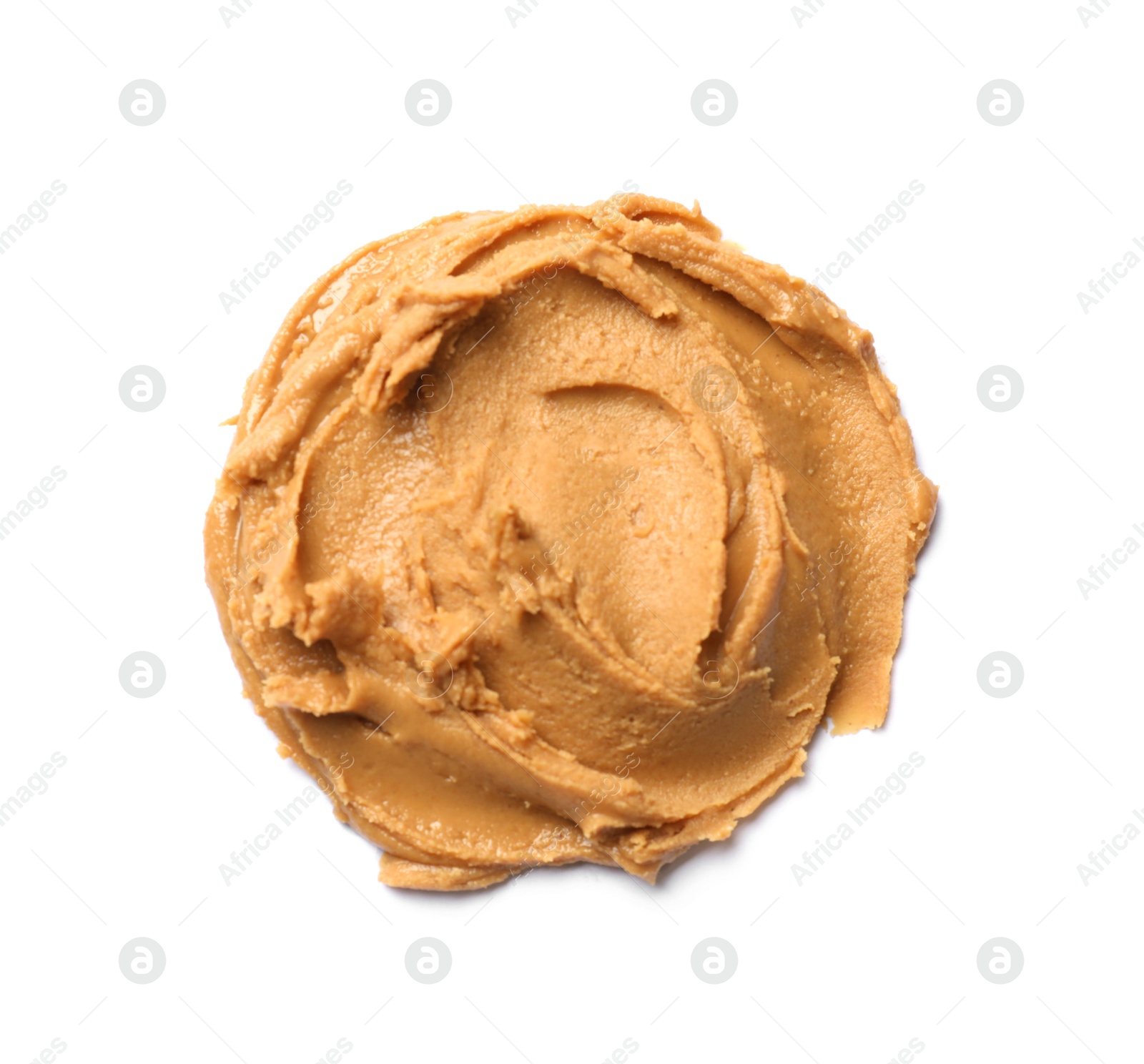 Photo of Tasty peanut butter on white background, top view