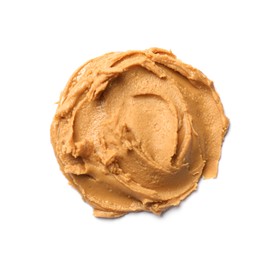 Tasty peanut butter on white background, top view