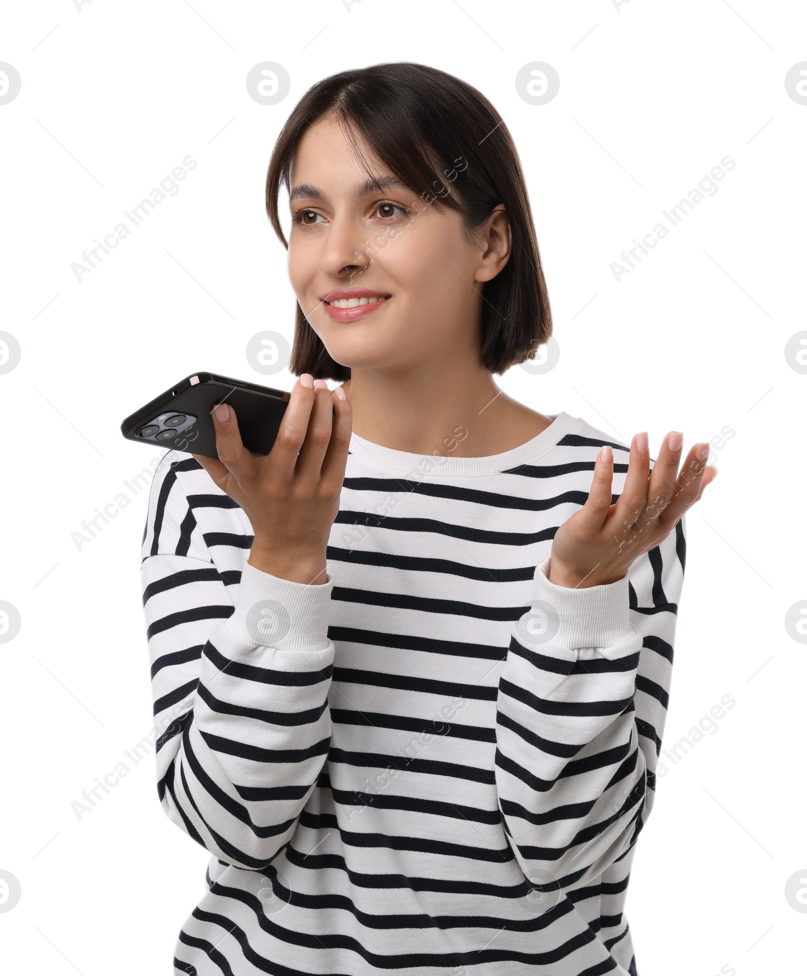 Photo of Beautiful woman recording voice message via smartphone on white background