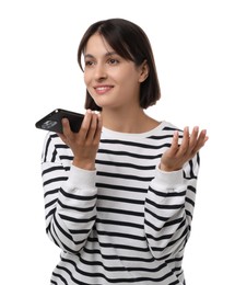 Photo of Beautiful woman recording voice message via smartphone on white background