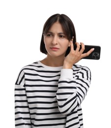 Photo of Beautiful woman with smartphone listening to voice message on white background