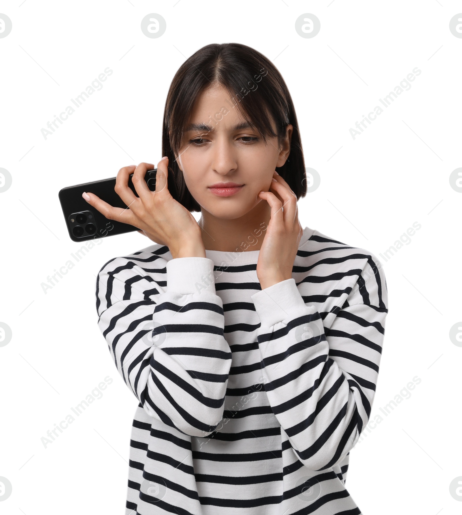 Photo of Beautiful woman with smartphone listening to voice message on white background