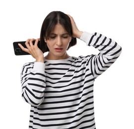 Photo of Unhappy woman with smartphone listening to voice message on white background