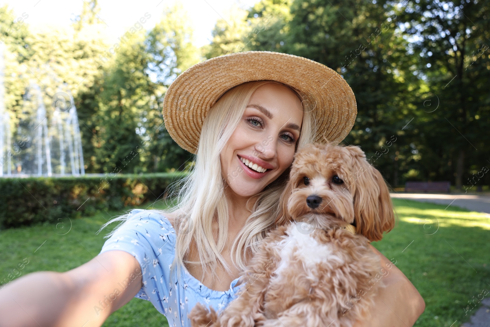 Photo of Beautiful young woman taking selfie with cute dog in park