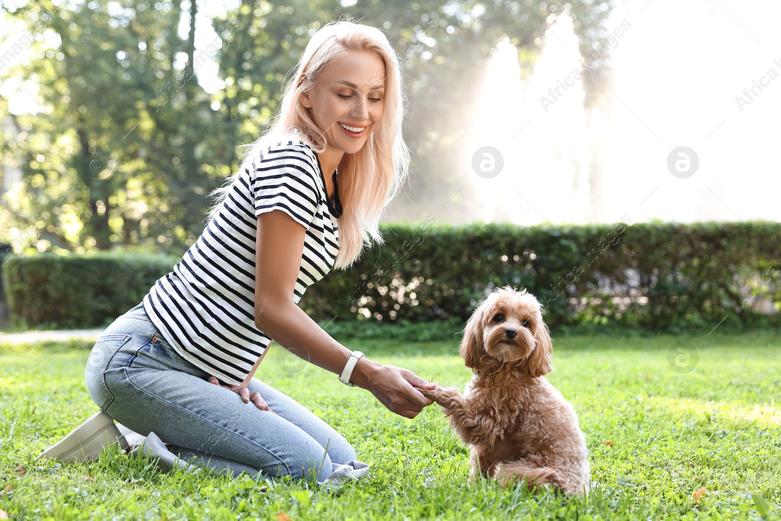 Photo of Beautiful young woman with cute dog on green grass in park