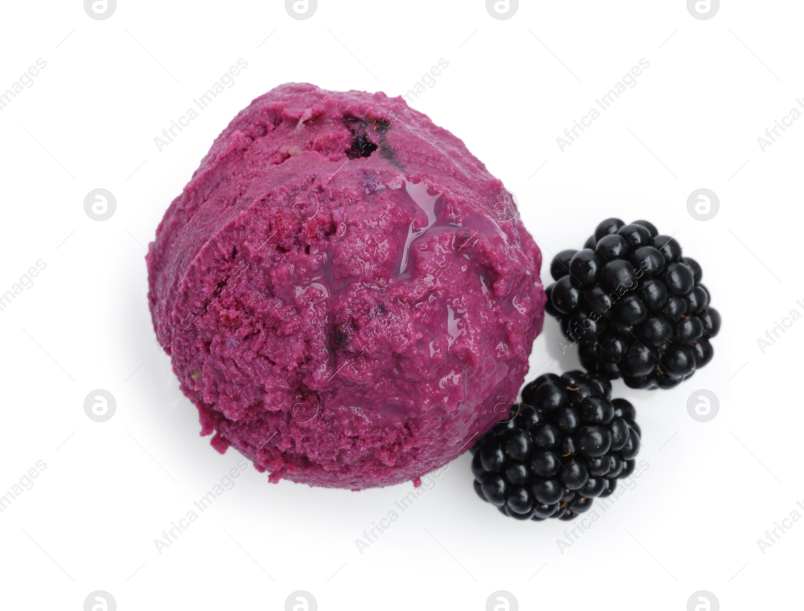 Photo of Delicious blackberry sorbet and fresh berries isolated on white, top view