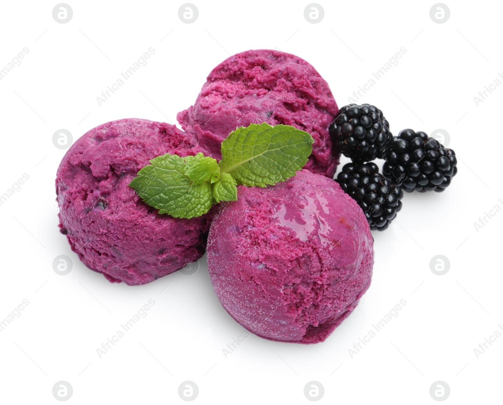 Photo of Delicious blackberry sorbet, mint and fresh berries isolated on white