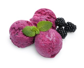 Photo of Delicious blackberry sorbet, mint and fresh berries isolated on white