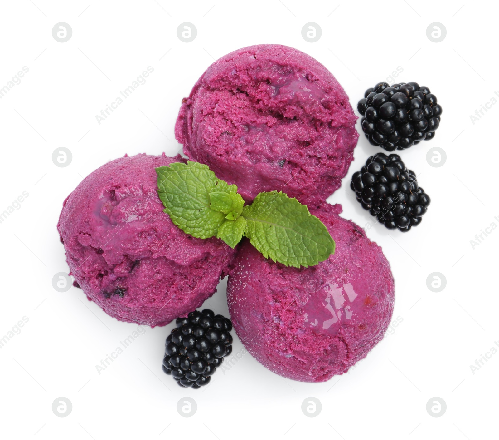 Photo of Delicious blackberry sorbet, mint and fresh berries isolated on white, top view