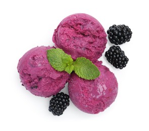 Delicious blackberry sorbet, mint and fresh berries isolated on white, top view