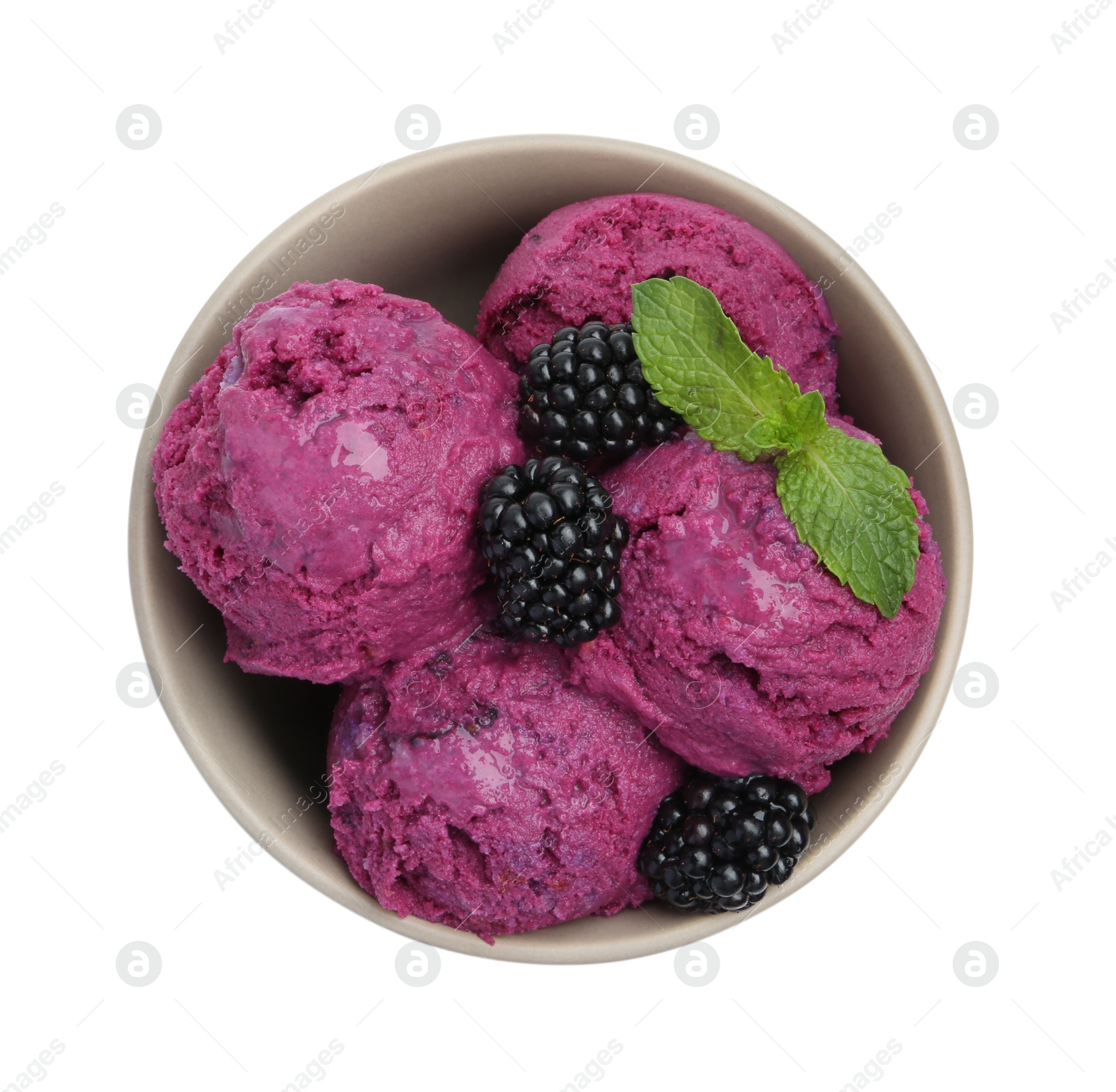 Photo of Delicious blackberry sorbet, mint and fresh berries isolated on white, top view