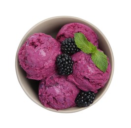 Delicious blackberry sorbet, mint and fresh berries isolated on white, top view