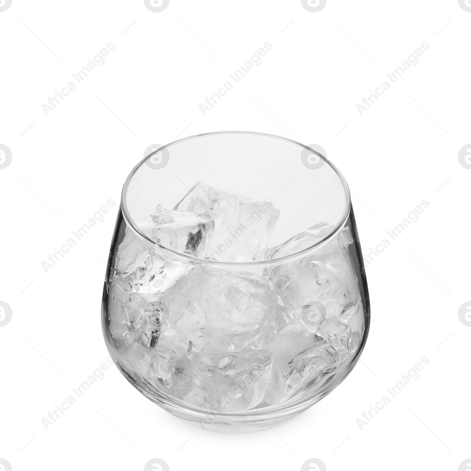 Photo of One glass with ice for refreshing drink isolated on white